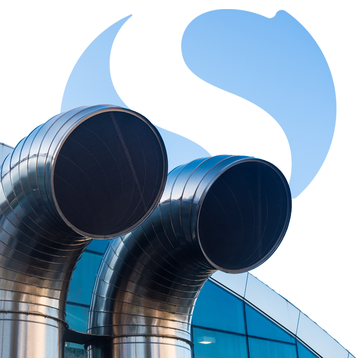 Senate logo with a building and pipes in a cutout