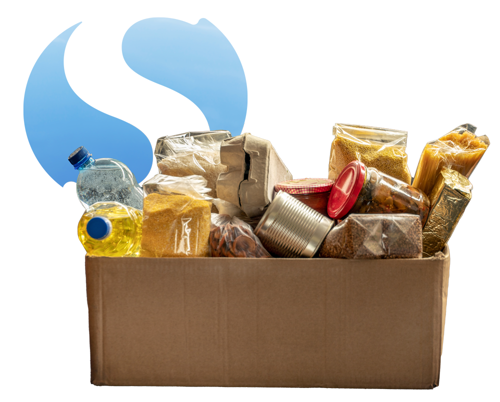 Senate logo behind cardboard box with food in